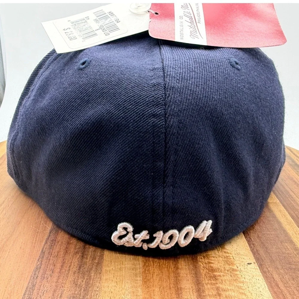 Mitchell & Ness Size 8 Fitted Hat Navy Blue Wool Script Logo Est 1904 Cap 2028